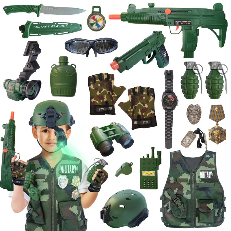 ZIRSENG 20 Piece Army Costume for Kids  Soldier Military Dress up for Boys 3-10  Kids Army Gear Role Play  Halloween Costume Camouflage Set with Vest  Camo Gloves  Helmet  Halloween Christmas Gift for Kids - Image 1